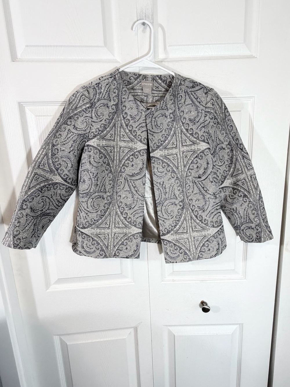 Chico’s Metallic Paisley Jacquard Jacket Silver Women 00P Petite xs blazer